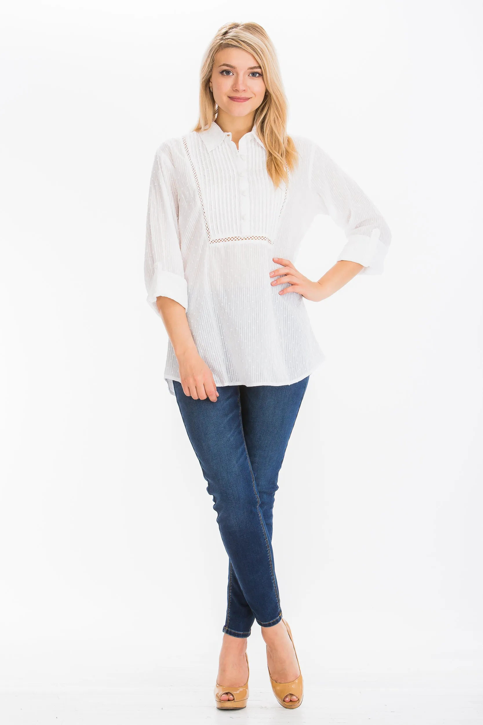 White Textured Top with Lace Inserts and Pin Tucks